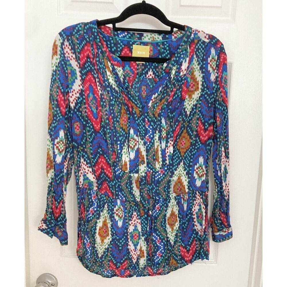 Anthropologie Maeve Women’s Sz 6 Topoxe Dropwaist Ikat Blouse Drawstring Boho